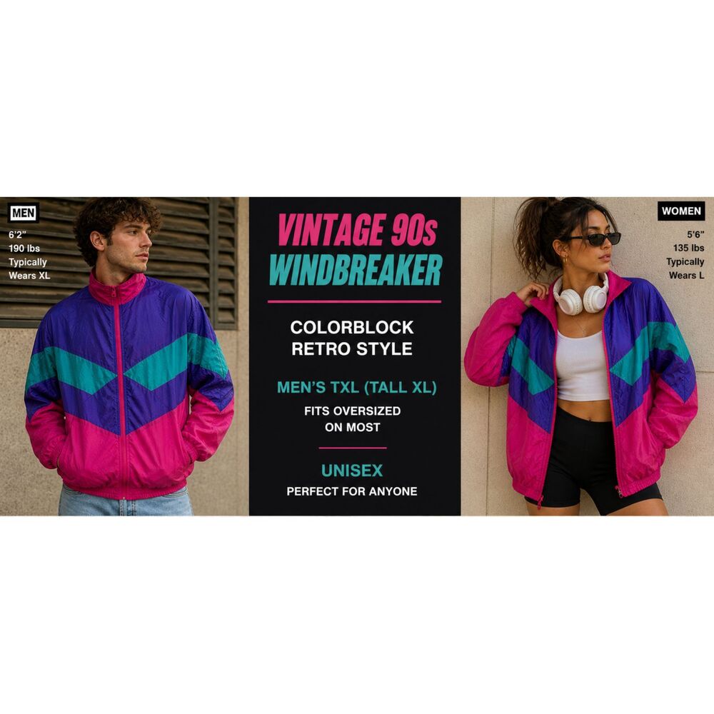Vintage 90s Colorblock Windbreaker Jacket  colorful Retro Festival Streetwear XL